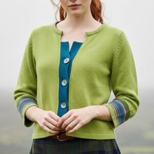 IRELANDS EYE Lime Green & Teal Contrast Lambswool Cardigan NWT